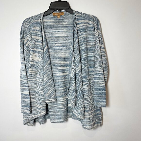 Ellen Tracy Gray Striped Drape Front Knit Cardigan Sweater L Womens Open Front - Picture 1 of 8